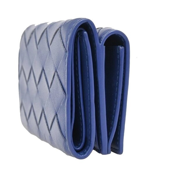 BOTTEGA VENETA INTRECCIATO Trifold Compact Wallet Leather Blue Italy 35KA812 - Picture 3 of 16